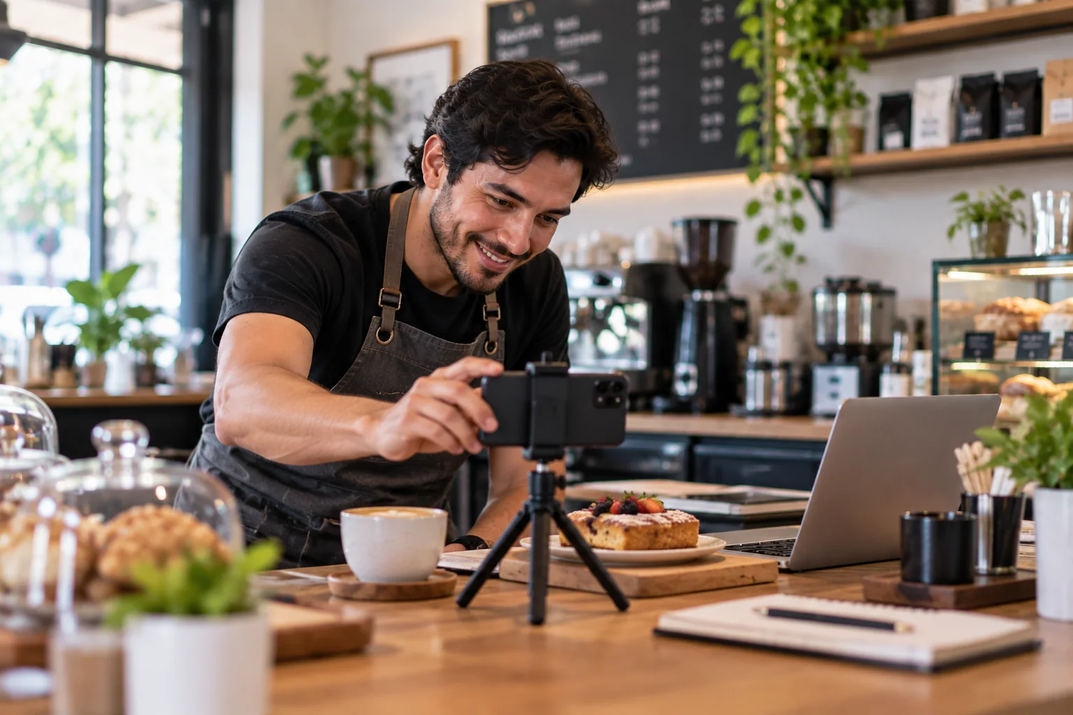 Escena editorial de un emprendedor preparando contenido para comunicar mejor su negocio y llegar a más personas.