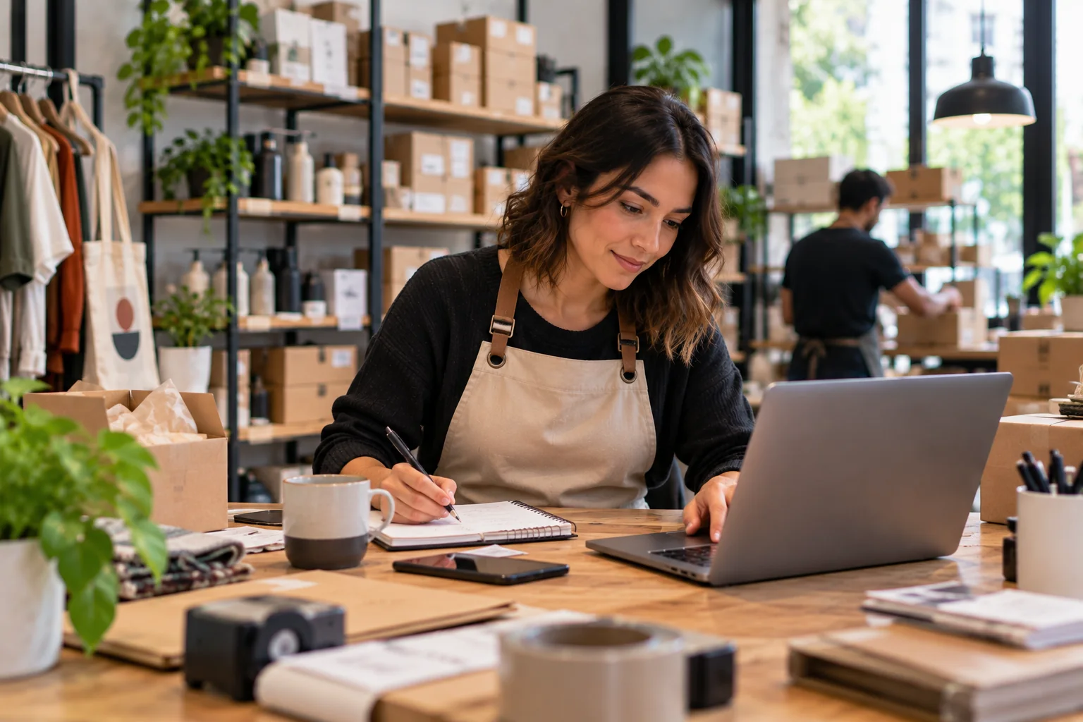 Escena editorial de una emprendedora organizando pedidos, información y trabajo cotidiano en un pequeño negocio.