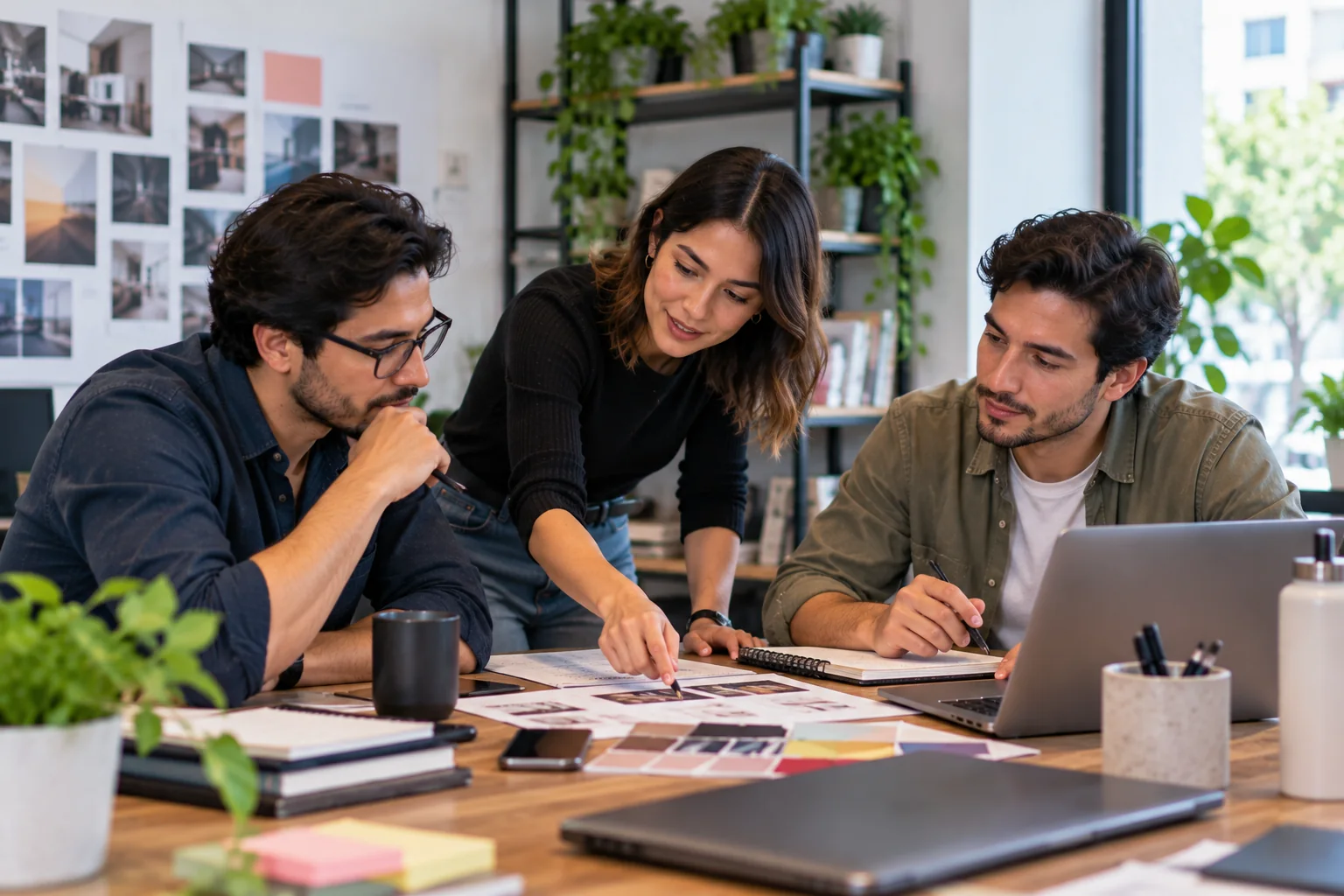 Escena editorial de tres personas colaborando alrededor de ideas, notas y decisiones en una mesa de trabajo.