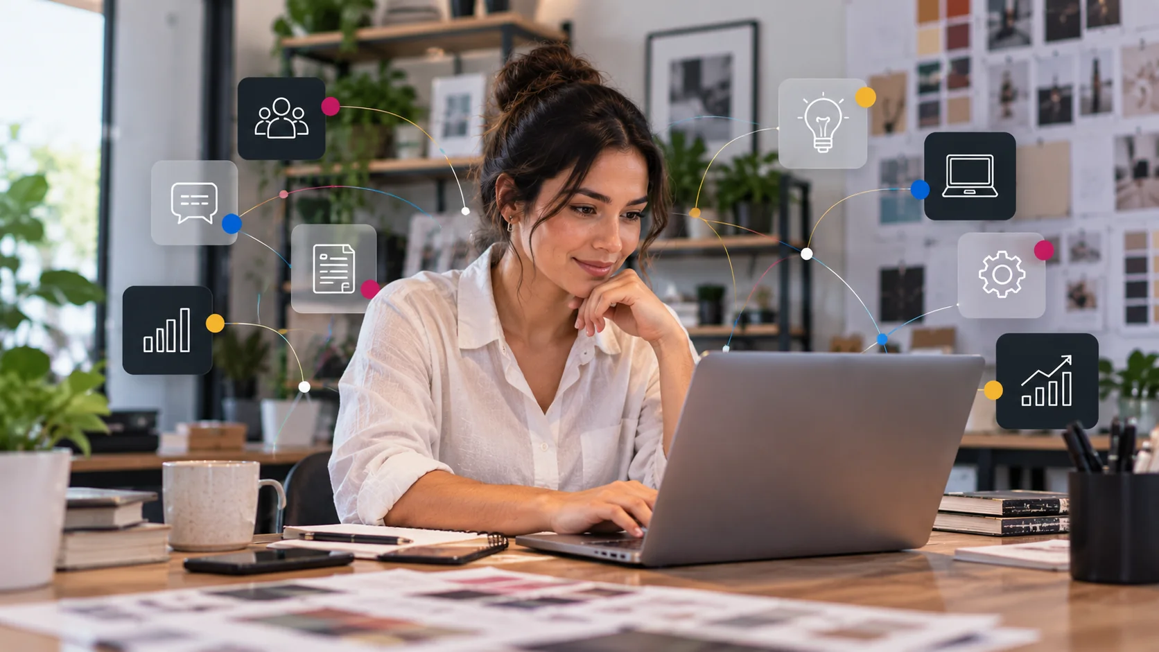 Escena editorial de una emprendedora con una capa gráfica que conecta clientes, comunicación, ideas, procesos, herramientas y crecimiento.